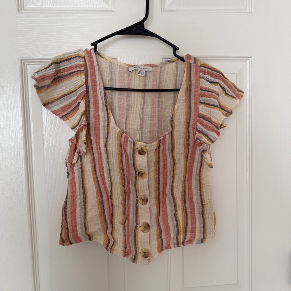 American Eagle - Striped Ruffle Sleeve Blouse